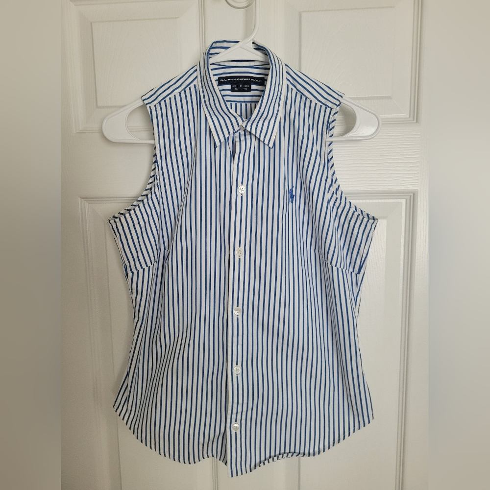 Ralf Lauren Golf White Blue Short Sleeve Button-up Women's Shirt SIZE 8